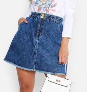 High Waisted Paper Bag Acid Faux Denim Mini Skirt
